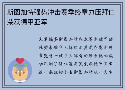 斯图加特强势冲击赛季终章力压拜仁荣获德甲亚军