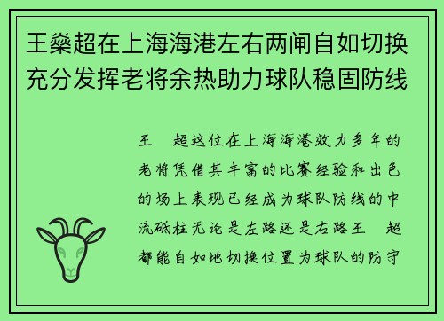 王燊超在上海海港左右两闸自如切换充分发挥老将余热助力球队稳固防线